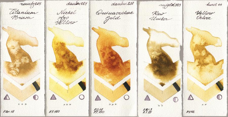Roman Szmal Aquarius 265 Titanium Brown vs Daniel Smith 061 Nickel Azo Yellow vs 238 Quinacridone Gold vs Mijello Mission Gold 563 Raw Umber vs Kuretake Gansai Tambi 044 Yellow Ochre watercolor swatch