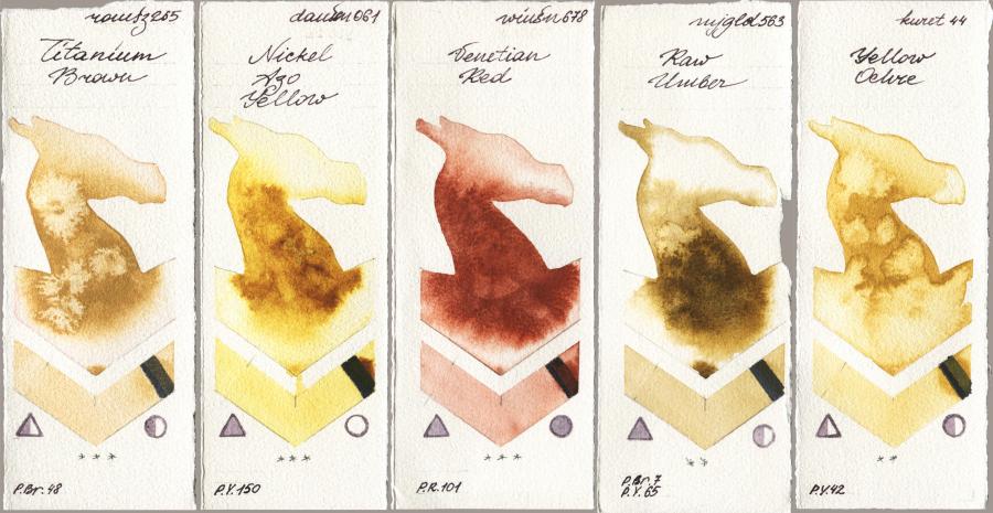 Roman Szmal Aquarius 265 Titanium Brown vs Daniel Smith 061 Nickel Azo Yellow vs Winsor & Newton Professional 678 Venetian Red vs Mijello Mission Gold 563 Raw Umber vs Kuretake Gansai Tambi 044 Yellow Ochre watercolor swatch