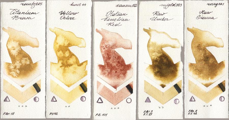 Roman Szmal Aquarius 265 Titanium Brown vs Kuretake Gansai Tambi 044 Yellow Ochre vs Daniel Smith 122 Italian Venetian Red vs Mijello Mission Gold 563 Raw Umber vs Rosa Gallery 721 Raw Sienna watercolor swatch