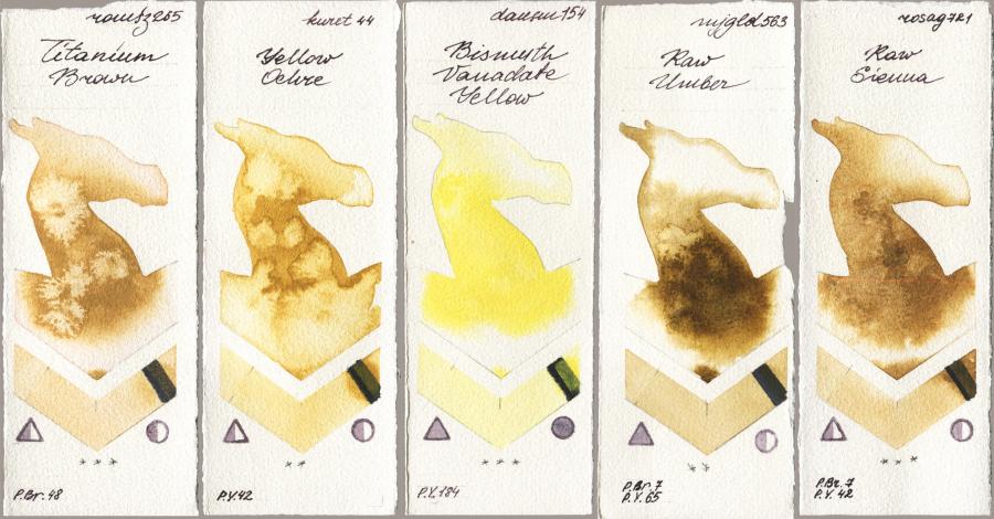 Roman Szmal Aquarius 265 Titanium Brown vs Kuretake Gansai Tambi 044 Yellow Ochre vs Daniel Smith 154 Bismuth Vanadate Yellow vs Mijello Mission Gold 563 Raw Umber vs Rosa Gallery 721 Raw Sienna watercolor swatch