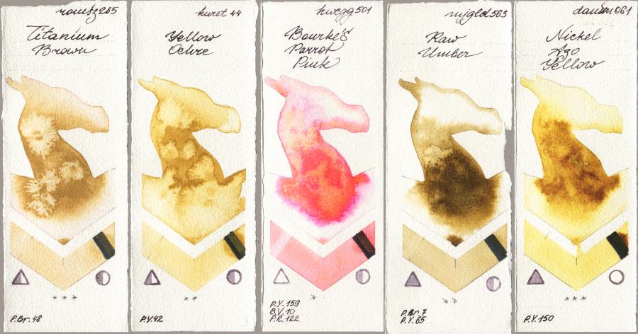 Roman Szmal Aquarius 265 Titanium Brown vs Kuretake Gansai Tambi 044 Yellow Ochre vs Holbein Artists Watercolor 501 Bourkes Parrot Pink vs Mijello Mission Gold 563 Raw Umber vs Daniel Smith 061 Nickel Azo Yellow watercolor swatch