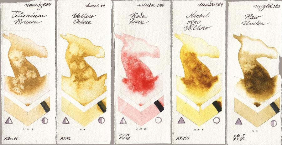 Roman Szmal Aquarius 265 Titanium Brown vs Kuretake Gansai Tambi 044 Yellow Ochre vs Winsor & Newton Professional 576 Rose Dore vs Daniel Smith 061 Nickel Azo Yellow vs Mijello Mission Gold 563 Raw Umber watercolor swatch