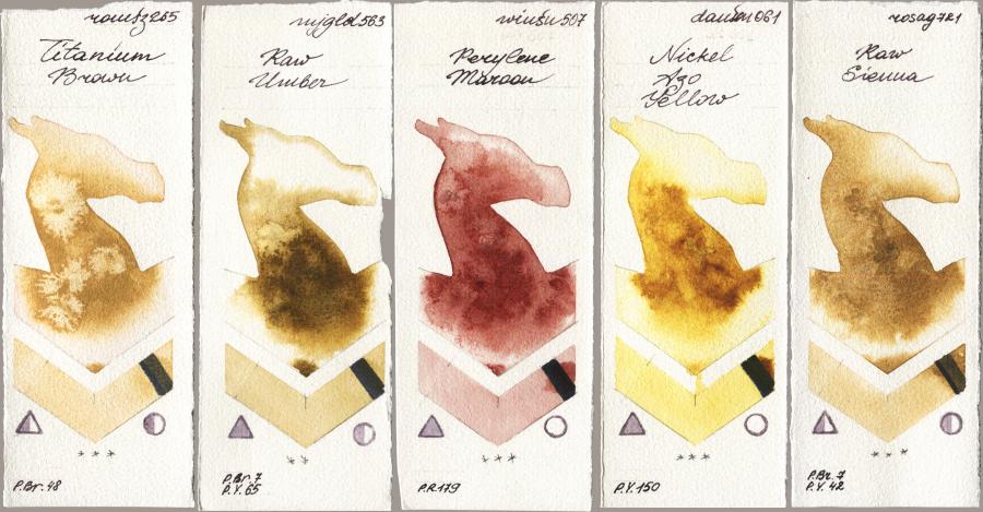Roman Szmal Aquarius 265 Titanium Brown vs Mijello Mission Gold 563 Raw Umber vs Winsor & Newton Professional 507 Perylene Maroon vs Daniel Smith 061 Nickel Azo Yellow vs Rosa Gallery 721 Raw Sienna watercolor swatch