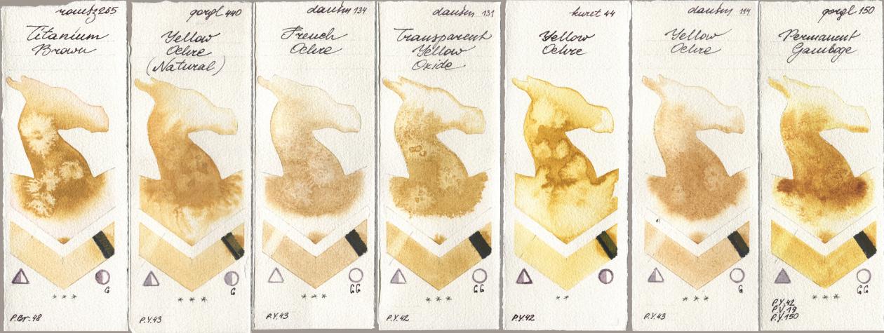 Roman Szmal Aquarius 265 Titanium Brown, Golden QOR 440 Yellow Ochre (Natural), Daniel Smith 134 French Ochre, 131 Transparent Yellow Oxide, Kuretake Gansai Tambi 044 Yellow Ochre, 114 Yellow Ochre, 150 Permanent Gambo watercolor swatch