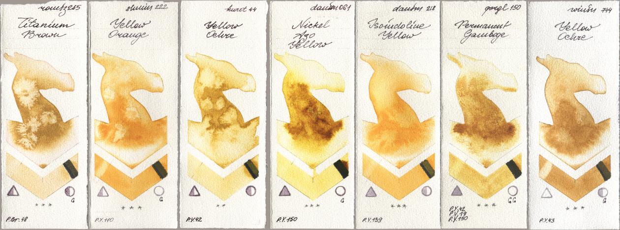 Roman Szmal Aquarius 265 Titanium Brown, Shminke Horadam Aquarell 222 Yellow Orange, Kuretake Gansai Tambi 044 Yellow Ochre, Daniel Smith 061 Nickel Azo Yellow, 218 Isoindoline Yellow, Golden QOR 150 Permanent Gamboge, Winsor & Newton Professional 744 Yellow Och watercolor swatch