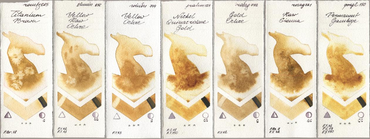 Roman Szmal Aquarius 265 Titanium Brown, Shminke Horadam Aquarell 656 Yellow Raw Ochre, Winsor & Newton Professional 744 Yellow Ochre, M. Graham & Co. Artists 124 Nickel Quinacridone Gold, Rosa Gallery 772 Gold Ochre, 721 Raw Sienna, Golden QOR 150 Permanent Gambo watercolor swatch