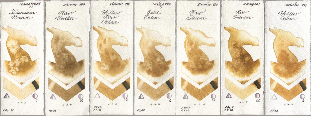 Roman Szmal Aquarius 265 Titanium Brown, Shminke Horadam Aquarell 667 Raw Umber, 656 Yellow Raw Ochre, Rosa Gallery 772 Gold Ochre, 660 Raw Sienna, 721 Raw Sienna, Winsor & Newton Professional 744 Yellow Och watercolor swatch