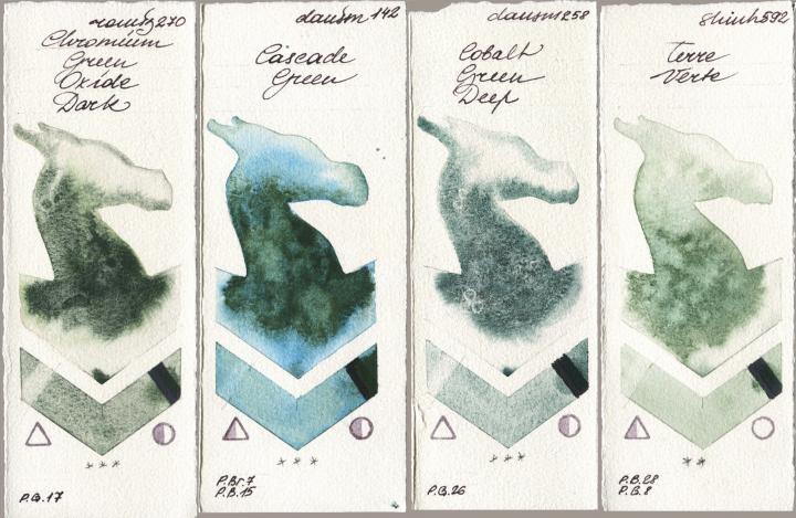 Roman Szmal Aquarius 270 Chromium Green Oxide Dark vs Daniel Smith 142 Cascade Green vs 258 Cobalt Green Deep vs Shinhan PWC 592 Terre Verte watercolor swatch