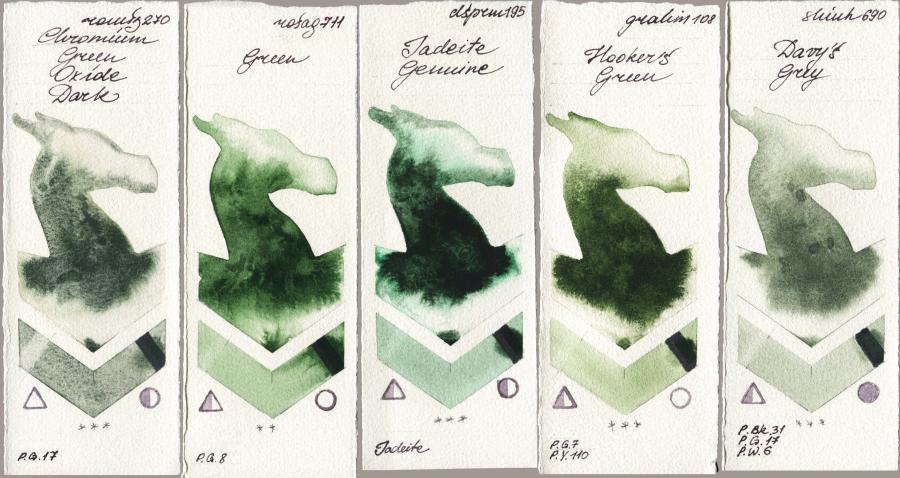 Roman Szmal Aquarius 270 Chromium Green Oxide Dark vs Rosa Gallery 711 Green vs Daniel Smith 195 Jadeite Genuine vs M. Graham & Co. Artists 108 Hookers Green vs Shinhan PWC 690 Davys Grey watercolor swatch