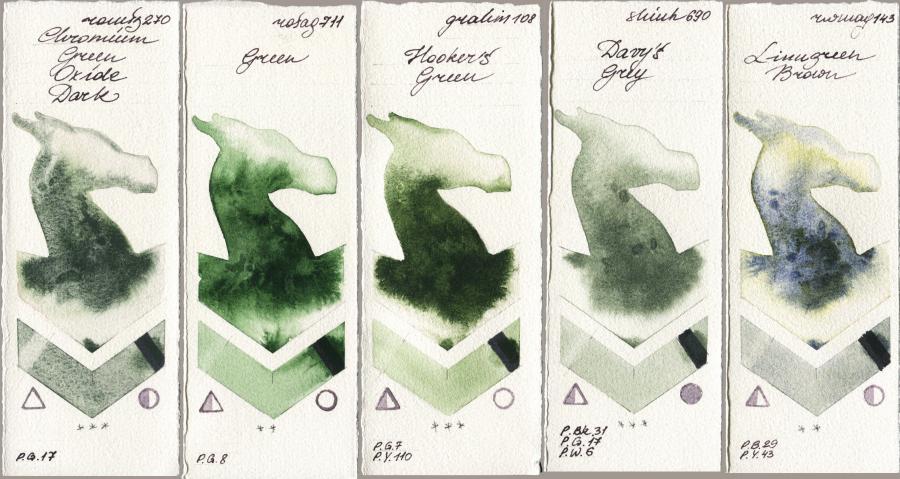 Roman Szmal Aquarius 270 Chromium Green Oxide Dark vs Rosa Gallery 711 Green vs M. Graham & Co. Artists 108 Hookers Green vs Shinhan PWC 690 Davys Grey vs Rockwell 143 Limugreen Brown watercolor swatch