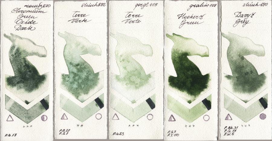 Roman Szmal Aquarius 270 Chromium Green Oxide Dark vs Shinhan PWC 592 Terre Verte vs Golden QOR 405 Terre Verte vs M. Graham & Co. Artists 108 Hookers Green vs 690 Davys Grey watercolor swatch