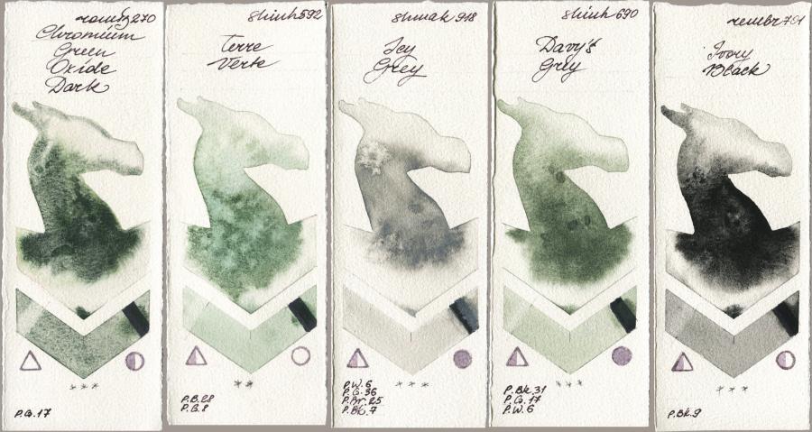 Roman Szmal Aquarius 270 Chromium Green Oxide Dark vs Shinhan PWC 592 Terre Verte vs Shminke Akademie Aquarell 918 Icy Grey vs 690 Davys Grey vs Royal Talens Rembrandt Watercolour 701 Ivory Black watercolor swatch