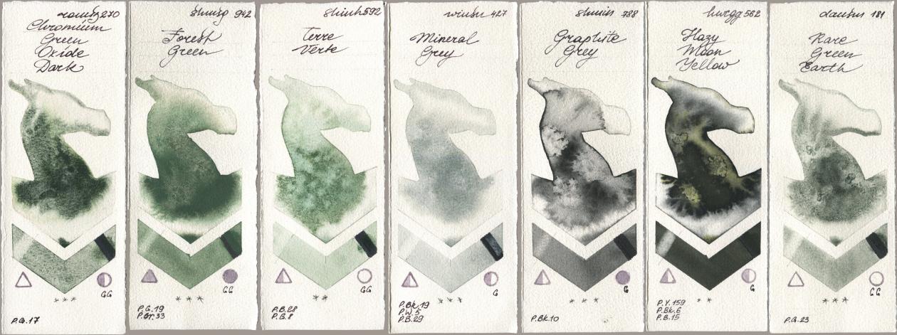 Roman Szmal Aquarius 270 Chromium Green Oxide Dark, Shminke Horadam Aquarell 942 Forest Green, Shinhan PWC 592 Terre Verte, Winsor & Newton Professional 427 Mineral Grey, 788 Graphite Grey, Holbein Artists Watercolor 562 Hazy Moon Yellow, Daniel Smith 181 Rare Green Ear watercolor swatch
