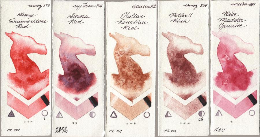 Roman Szmal Aquarius 329 Cherry Quinacridone Red vs Mijello Mission Gold 806 Aurora Red vs Daniel Smith 122 Italian Venetian Red vs 359 Potters Pink vs Winsor & Newton Professional 587 Rose Madder Genuine watercolor swatch
