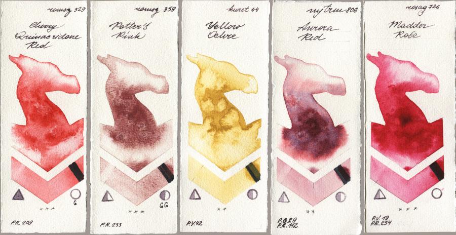 Roman Szmal Aquarius 329 Cherry Quinacridone Red vs 359 Potters Pink vs Kuretake Gansai Tambi 044 Yellow Ochre vs Mijello Mission Gold 806 Aurora Red vs Rosa Gallery 726 Madder Rose watercolor swatch
