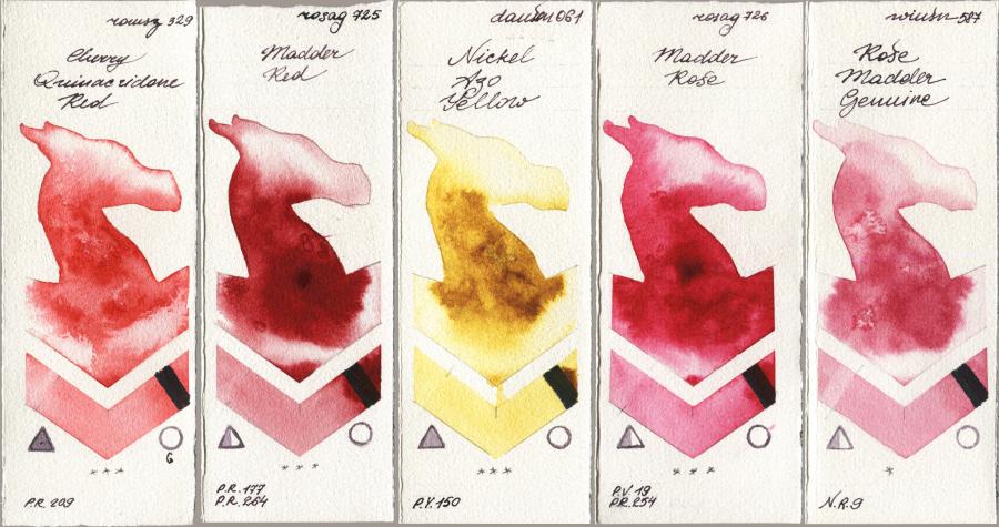 Roman Szmal Aquarius 329 Cherry Quinacridone Red vs Rosa Gallery 725 Madder Red vs Daniel Smith 061 Nickel Azo Yellow vs 726 Madder Rose vs Winsor & Newton Professional 587 Rose Madder Genuine watercolor swatch