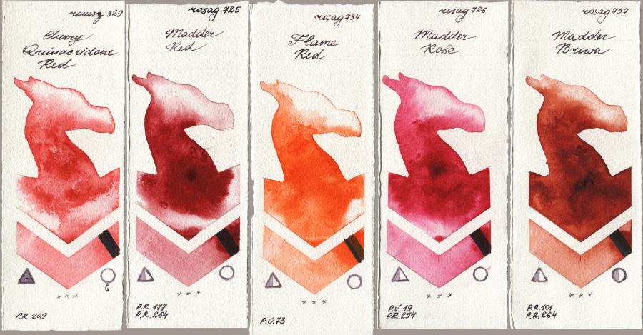 Roman Szmal Aquarius 329 Cherry Quinacridone Red vs Rosa Gallery 725 Madder Red vs 734 Flame Red vs 726 Madder Rose vs 757 Madder Brown watercolor swatch