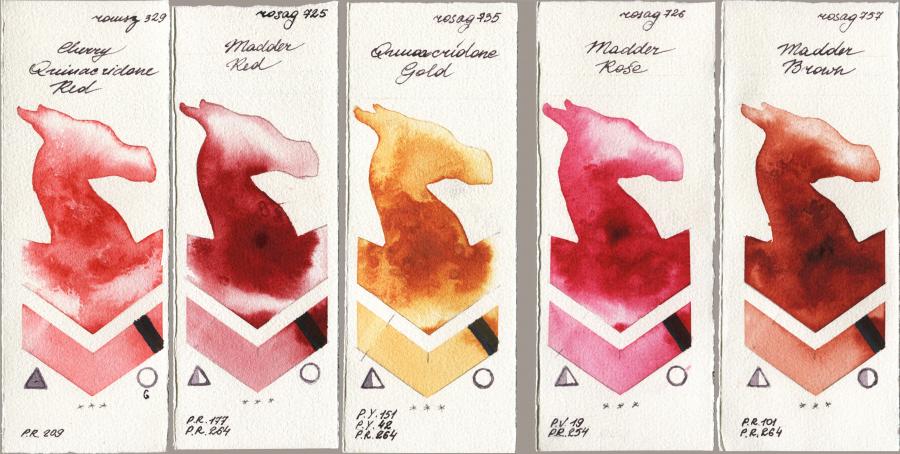 Roman Szmal Aquarius 329 Cherry Quinacridone Red vs Rosa Gallery 725 Madder Red vs 735 Quinacridone Gold vs 726 Madder Rose vs 757 Madder Brown watercolor swatch