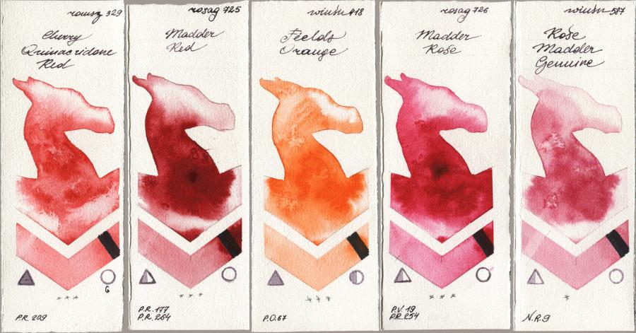 Roman Szmal Aquarius 329 Cherry Quinacridone Red vs Rosa Gallery 725 Madder Red vs Winsor & Newton Professional 418 Fields Orange vs 726 Madder Rose vs 587 Rose Madder Genuine watercolor swatch