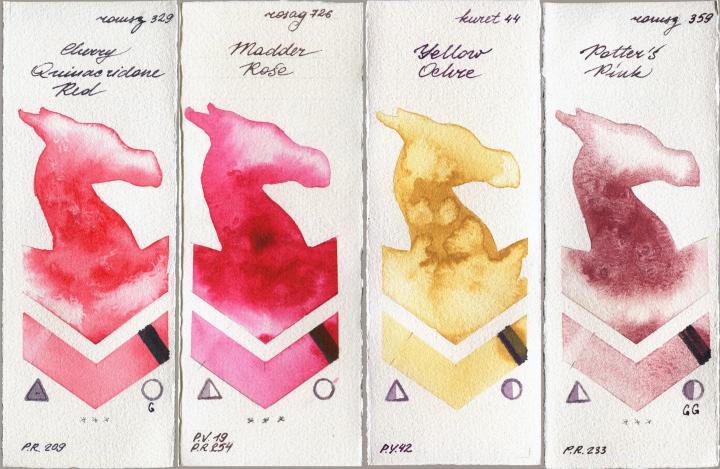 Roman Szmal Aquarius 329 Cherry Quinacridone Red vs Rosa Gallery 726 Madder Rose vs Kuretake Gansai Tambi 44 Yellow Ochre vs 359 Potters Pink watercolor swatch