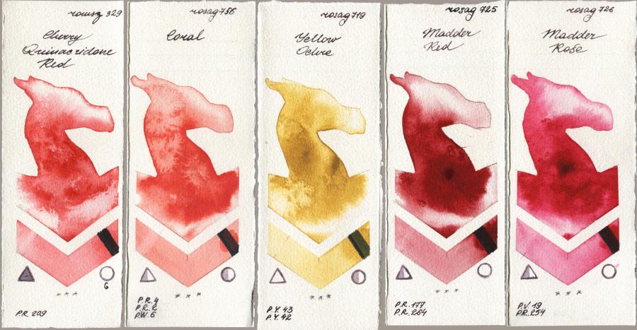 Roman Szmal Aquarius 329 Cherry Quinacridone Red vs Rosa Gallery 756 Coral vs 719 Yellow Ochre vs 725 Madder Red vs 726 Madder Rose watercolor swatch