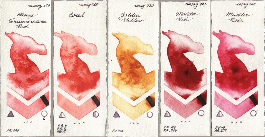 Roman Szmal Aquarius 329 Cherry Quinacridone Red vs Rosa Gallery 756 Coral vs 730 Golden Yellow vs 725 Madder Red vs 726 Madder Rose watercolor swatch