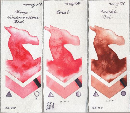 Roman Szmal Aquarius 329 Cherry Quinacridone Red vs Rosa Gallery 756 Coral vs 736 English Red watercolor swatch