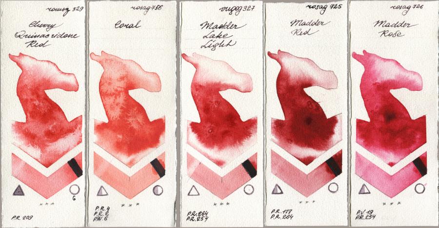 Roman Szmal Aquarius 329 Cherry Quinacridone Red vs Rosa Gallery 756 Coral vs Royal Talens Van Gogh Watercolour 327 Madder Lake Light vs 725 Madder Red vs 726 Madder Rose watercolor swatch