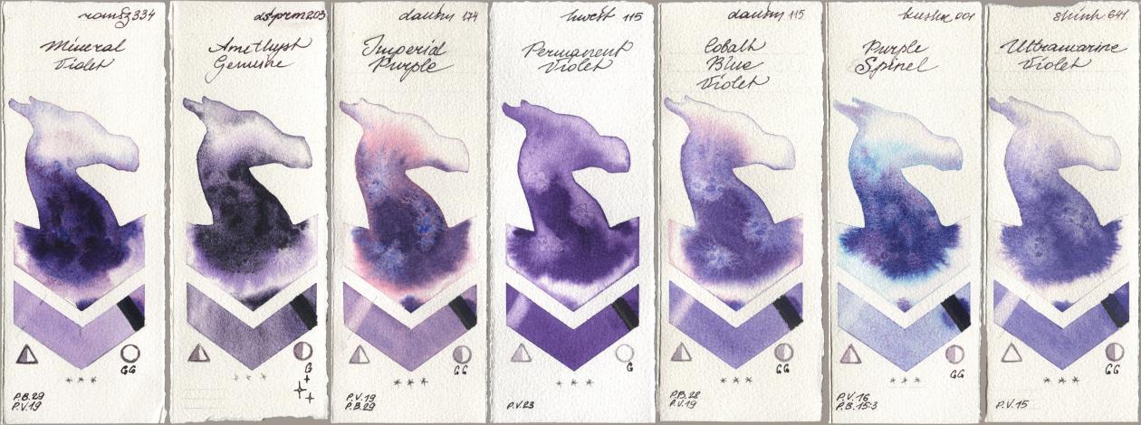 Roman Szmal Aquarius 334 Mineral Violet, Daniel Smith 203 Amethyst Genuine, 174 Imperial Purple, Holbein Artists Watercolor 115 Permanent Violet, 115 Cobalt Blue Violet, Kusakabe 001 Purple Spinel, Shinhan PWC 641 Ultramarine Viol watercolor swatch