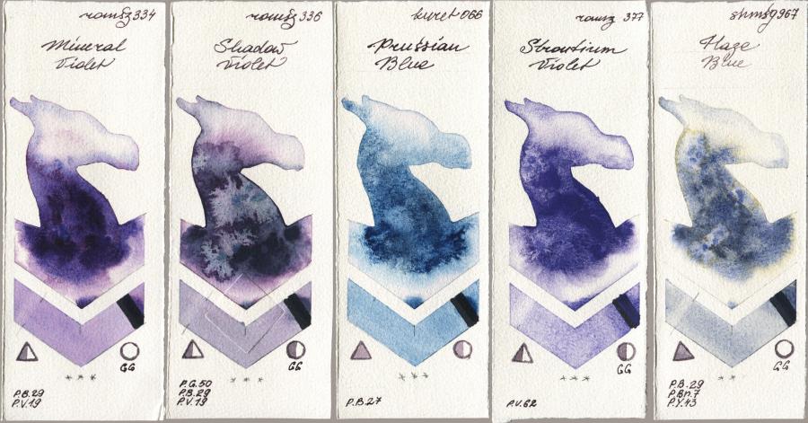 Roman Szmal Aquarius 334 Mineral Violet vs 336 Shadow Violet vs Kuretake Gansai Tambi 066 Prussian Blue vs 377 Strontium Violet vs Shminke Horadam Aquarell 967 Haze Blue watercolor swatch