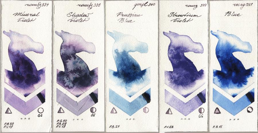 Roman Szmal Aquarius 334 Mineral Violet vs 336 Shadow Violet vs Golden QOR 340 Prussian Blue vs 377 Strontium Violet vs Rosa Gallery 718 Blue watercolor swatch