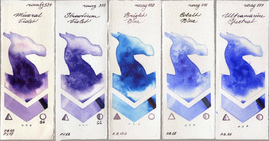Roman Szmal Aquarius 334 Mineral Violet vs 377 Strontium Violet vs Rosa Gallery 729 Bright Blue vs 716 Cobalt Blue vs 777 Ultramarine Spectral watercolor swatch
