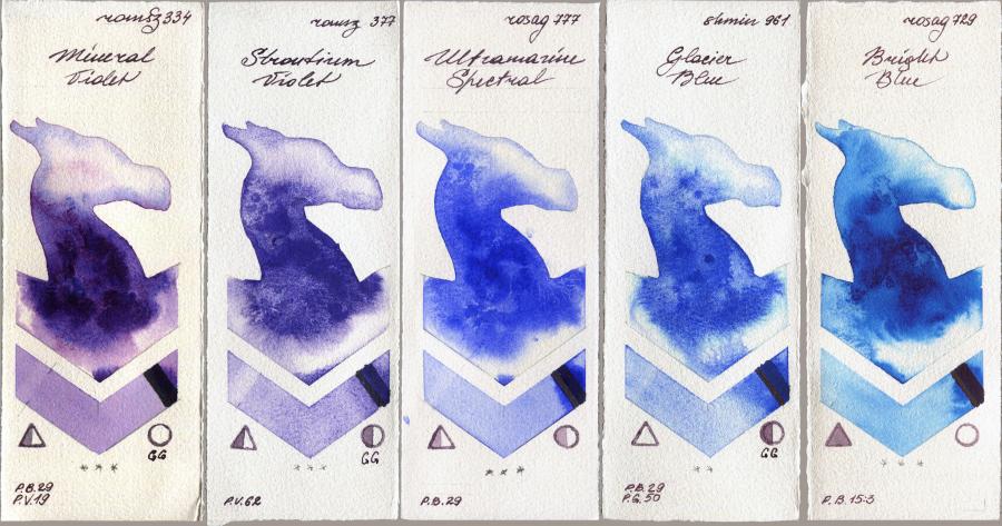 Roman Szmal Aquarius 334 Mineral Violet vs 377 Strontium Violet vs Rosa Gallery 777 Ultramarine Spectral vs Shminke Horadam Aquarell 961 Glacier Blue vs 729 Bright Blue watercolor swatch