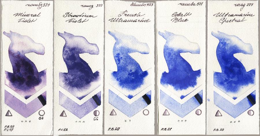 Roman Szmal Aquarius 334 Mineral Violet vs 377 Strontium Violet vs Shminke Horadam Aquarell 493 French Ultramarine vs Royal Talens Rembrandt Watercolour 511 Cobalt Blue vs Rosa Gallery 777 Ultramarine Spectral watercolor swatch