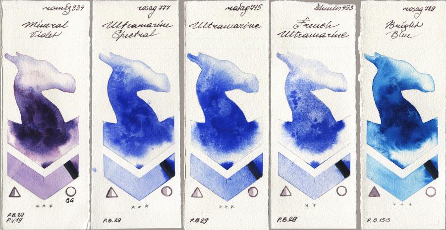 Roman Szmal Aquarius 334 Mineral Violet vs Rosa Gallery 777 Ultramarine Spectral vs 715 Ultramarine vs Shminke Horadam Aquarell 493 French Ultramarine vs 729 Bright Blue watercolor swatch