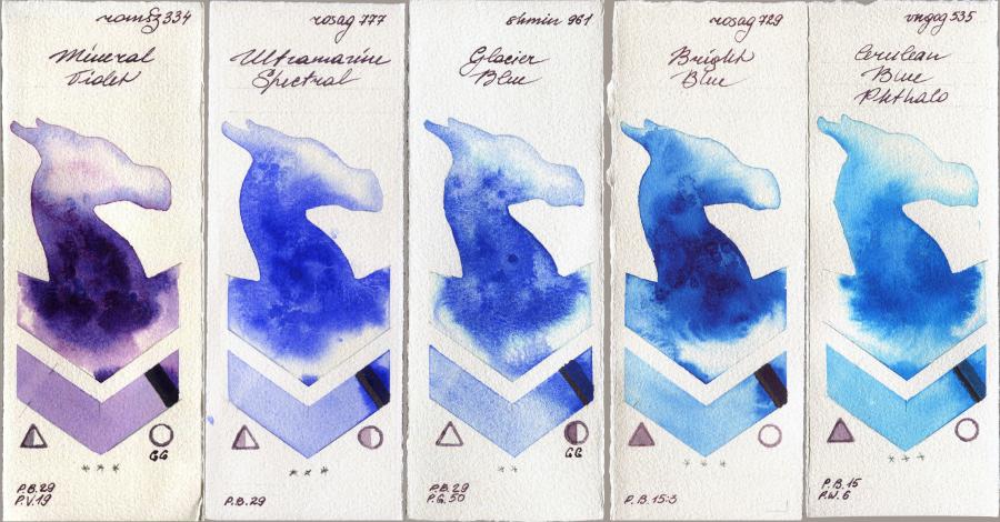 Roman Szmal Aquarius 334 Mineral Violet vs Rosa Gallery 777 Ultramarine Spectral vs Shminke Horadam Aquarell 961 Glacier Blue vs 729 Bright Blue vs Royal Talens Van Gogh Watercolour 535 Cerulean Blue Phthalo watercolor swatch