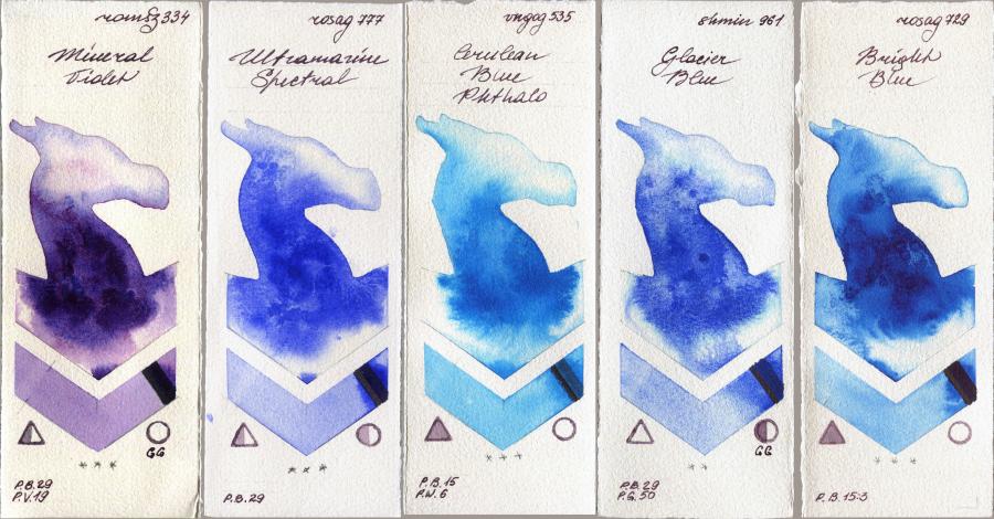 Roman Szmal Aquarius 334 Mineral Violet vs Rosa Gallery 777 Ultramarine Spectral vs Royal Talens Van Gogh Watercolour 535 Cerulean Blue Phthalo vs Shminke Horadam Aquarell 961 Glacier Blue vs 729 Bright Blue watercolor swatch