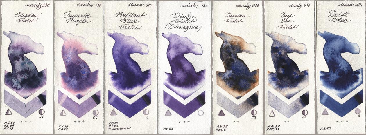 Roman Szmal Aquarius 336 Shadow Violet, Daniel Smith 174 Imperial Purple, Shminke Horadam Aquarell 910 Brilliant Blue Violet, Winsor & Newton Professional 733 Winsor Violet (Dioxazine), 983 Tundra Violet, 951 Deep Sea Violet, 482 Delft Bl watercolor swatch
