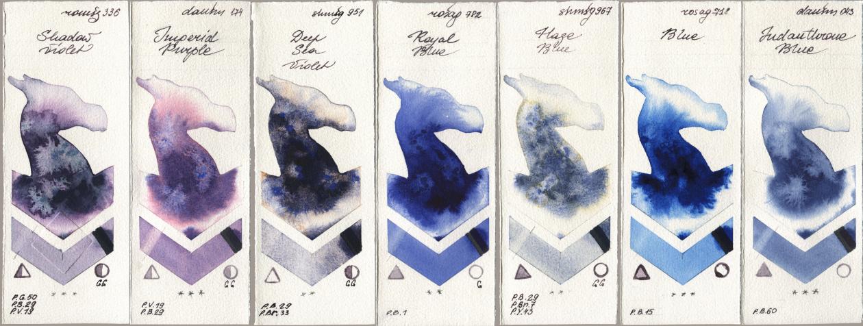 Roman Szmal Aquarius 336 Shadow Violet, Daniel Smith 174 Imperial Purple, Shminke Horadam Aquarell 951 Deep Sea Violet, Rosa Gallery 782 Royal Blue, 967 Haze Blue, 718 Blue, 043 Indanthrone Bl watercolor swatch