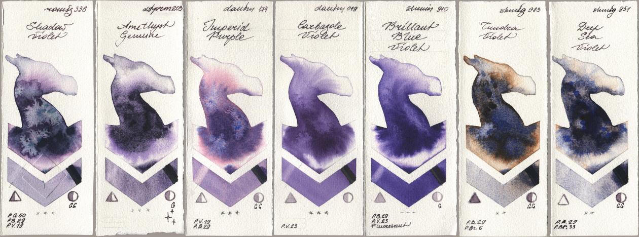 Roman Szmal Aquarius 336 Shadow Violet, Daniel Smith 203 Amethyst Genuine, 174 Imperial Purple, 019 Carbazole Violet, Shminke Horadam Aquarell 910 Brilliant Blue Violet, 983 Tundra Violet, 951 Deep Sea Viol watercolor swatch