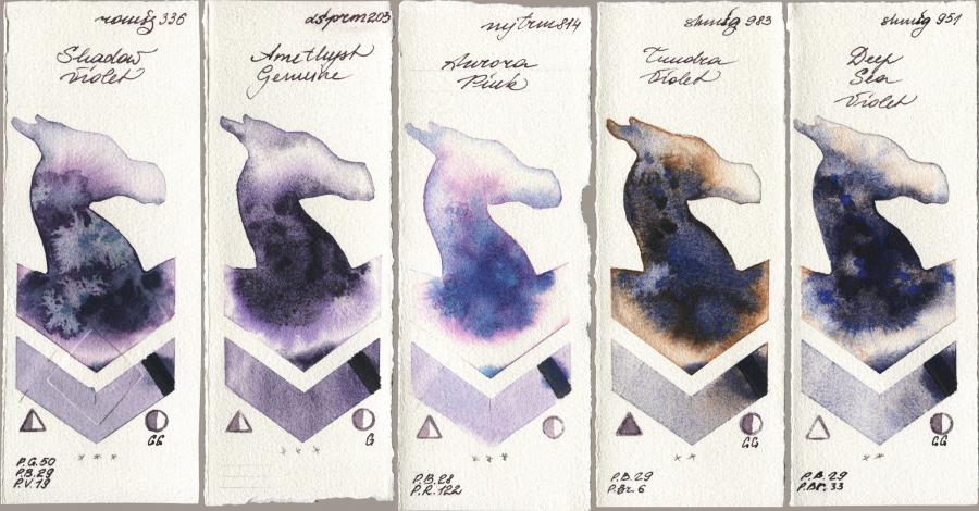 Roman Szmal Aquarius 336 Shadow Violet vs Daniel Smith 203 Amethyst Genuine vs Mijello Mission Gold 814 Aurora Pink vs Shminke Horadam Aquarell 983 Tundra Violet vs 951 Deep Sea Violet watercolor swatch