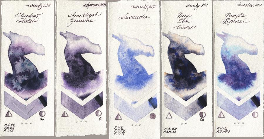 Roman Szmal Aquarius 336 Shadow Violet vs Daniel Smith 203 Amethyst Genuine vs 227 Lavenda vs Shminke Horadam Aquarell 951 Deep Sea Violet vs Kusakabe 001 Purple Spinel watercolor swatch