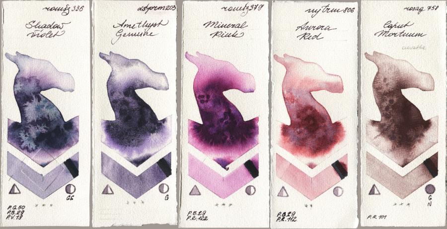 Roman Szmal Aquarius 336 Shadow Violet vs Daniel Smith 203 Amethyst Genuine vs 379 Mineral Pink vs Mijello Mission Gold 806 Aurora Red vs Rosa Gallery 758 Caput Mortuum watercolor swatch
