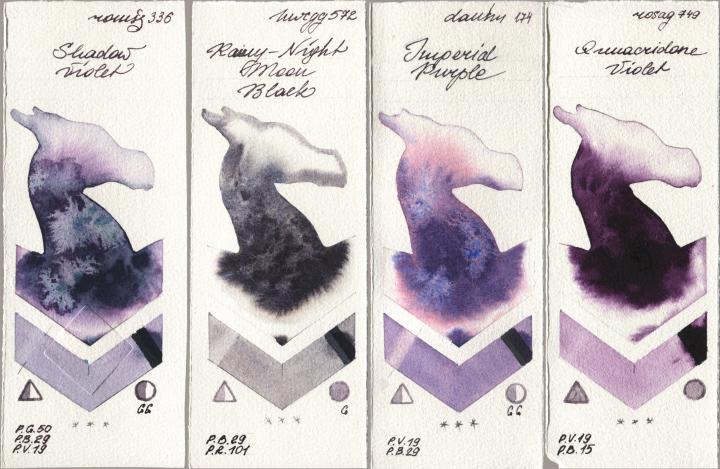 Roman Szmal Aquarius 336 Shadow Violet, Holbein Artists Watercolor 572 Rainy-Night Moon Back, Daniel Smith 174 Imperial Purple, Rosa Gallery 749 Quinacridone Viol watercolor swatch