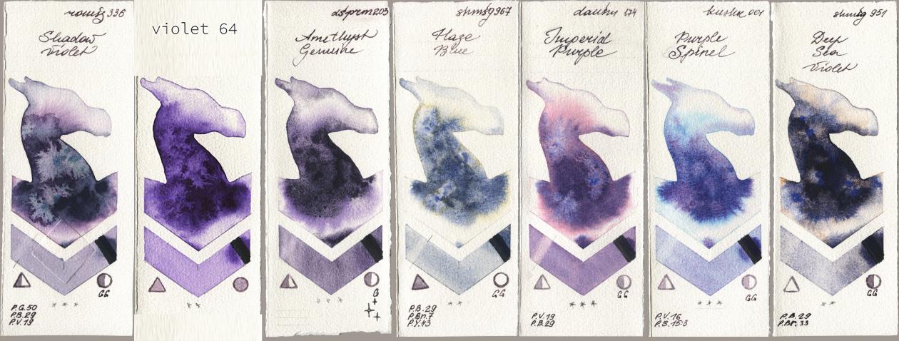 Roman Szmal Aquarius 336 Shadow Violet, my 064 violet64, Daniel Smith 203 Amethyst Genuine, Shminke Horadam Aquarell 967 Haze Blue, 174 Imperial Purple, Kusakabe 001 Purple Spinel, 951 Deep Sea Viol watercolor swatch