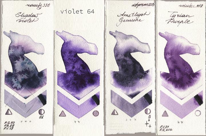 Roman Szmal Aquarius 336 Shadow Violet, my 064 violet64, Daniel Smith 203 Amethyst Genuine, Winsor & Newton Professional 419 Tyrian Purp watercolor swatch