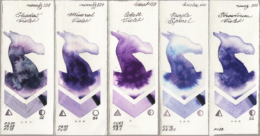 Roman Szmal Aquarius 336 Shadow Violet vs 334 Mineral Violet vs Kuretake Gansai Tambi 139 Cobalt Violet vs Kusakabe 001 Purple Spinel vs 377 Strontium Violet watercolor swatch