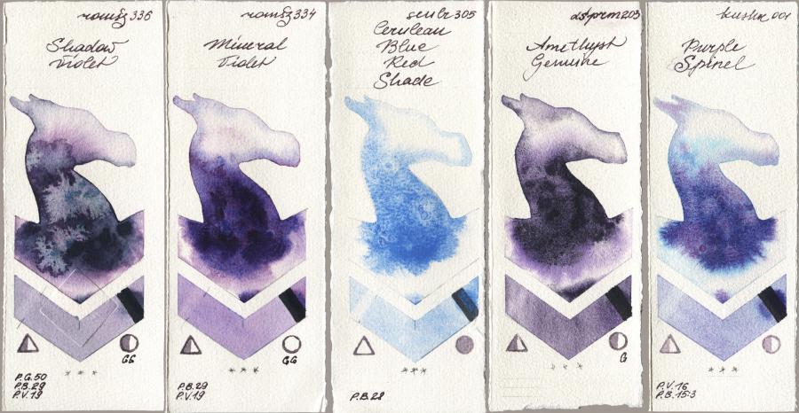 Roman Szmal Aquarius 336 Shadow Violet vs 334 Mineral Violet vs Sennelier l Aquarelle 305 Cerulean Blue Red Shade vs Daniel Smith 203 Amethyst Genuine vs Kusakabe 001 Purple Spinel watercolor swatch