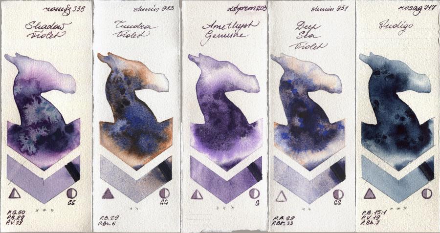 Roman Szmal Aquarius 336 Shadow Violet vs Shminke Horadam Aquarell 983 Tundra Violet vs Daniel Smith 203 Amethyst Genuine vs 951 Deep Sea Violet vs Rosa Gallery 717 Indigo watercolor swatch