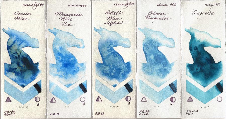 Roman Szmal Aquarius 344 Ocean Blue vs Daniel Smith 051 Manganese Blue Hue vs 411 Cobalt Blue Light vs Shminke Horadam Aquarell 962 Glacier Turquoise vs Rosa Gallery 714 Turquiose watercolor swatch